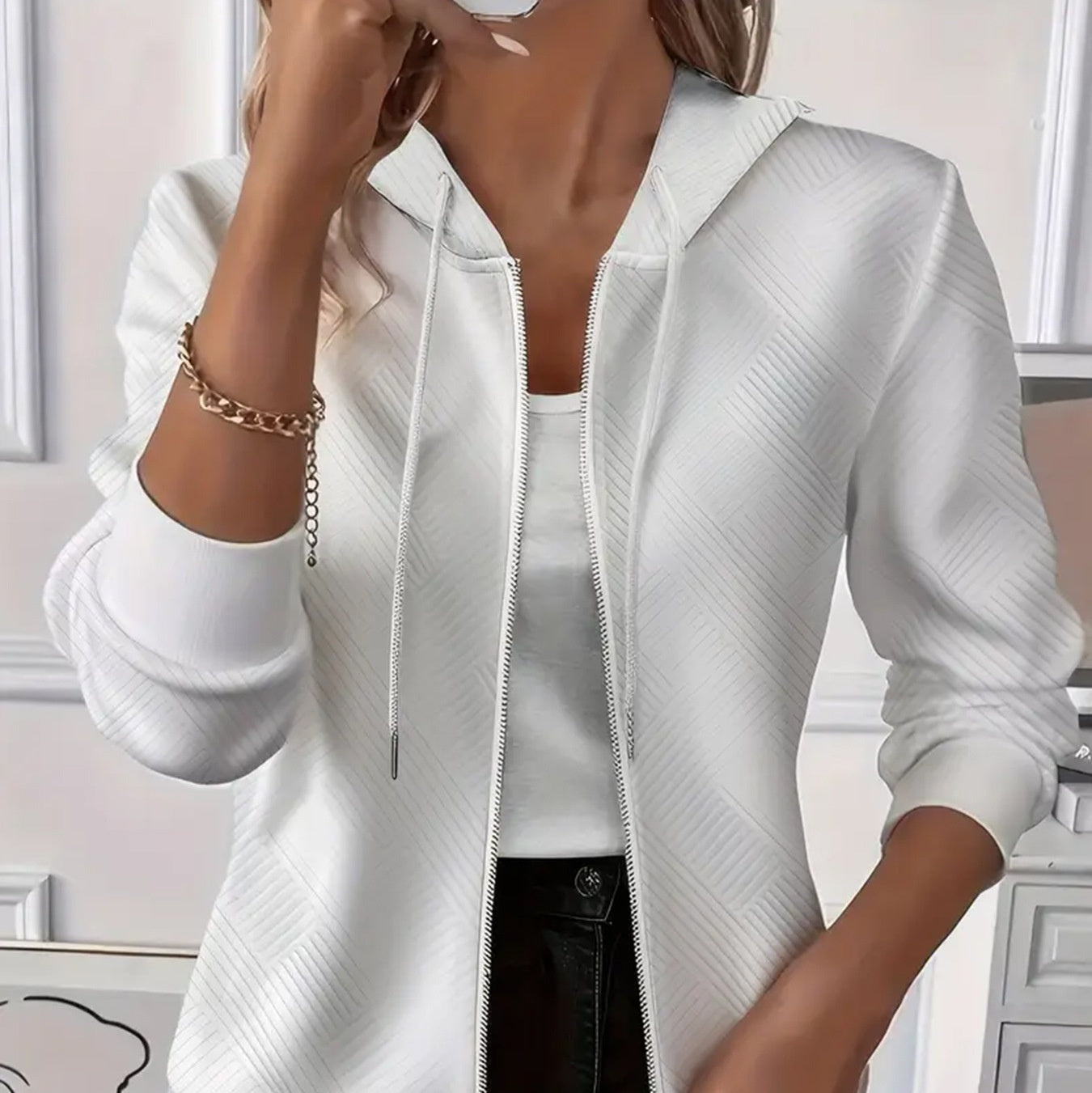 Solid Color Long Sleeve Knitted Zipper Hoodie Coat Women