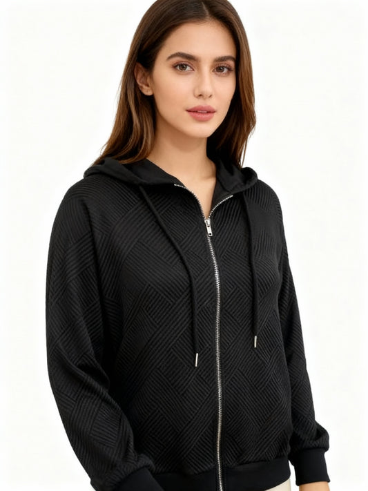 Solid Color Long Sleeve Knitted Zipper Hoodie Coat Women