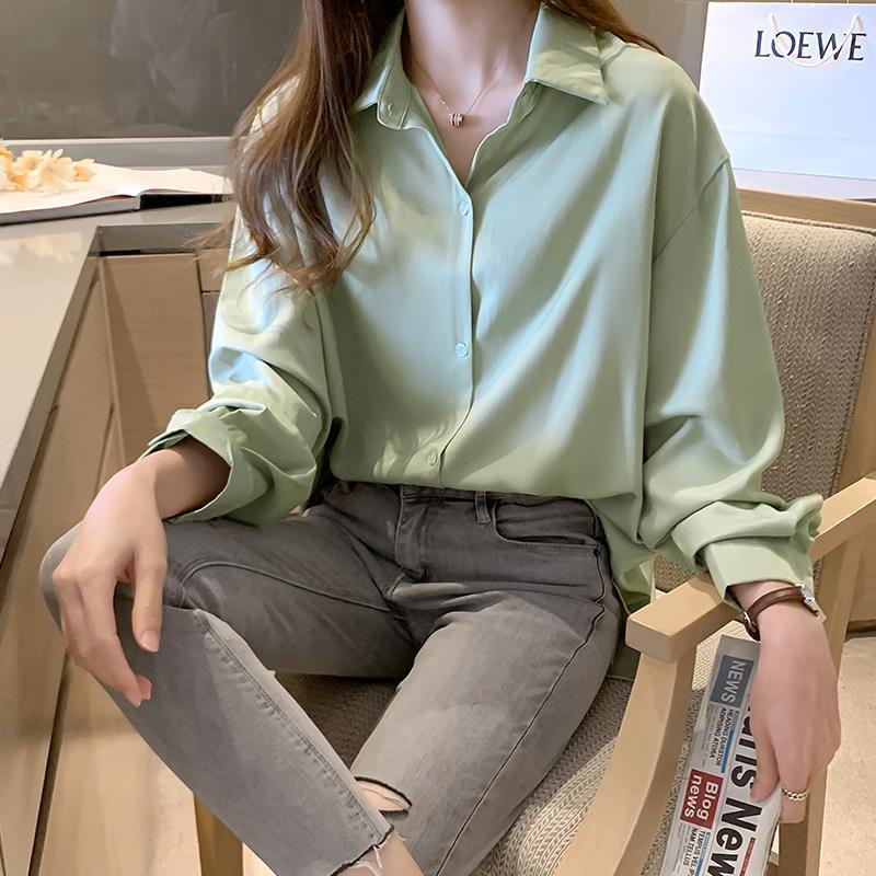 Sungtin  Female Green Blouse Shirts Social Oversized Office Lady Chiffon