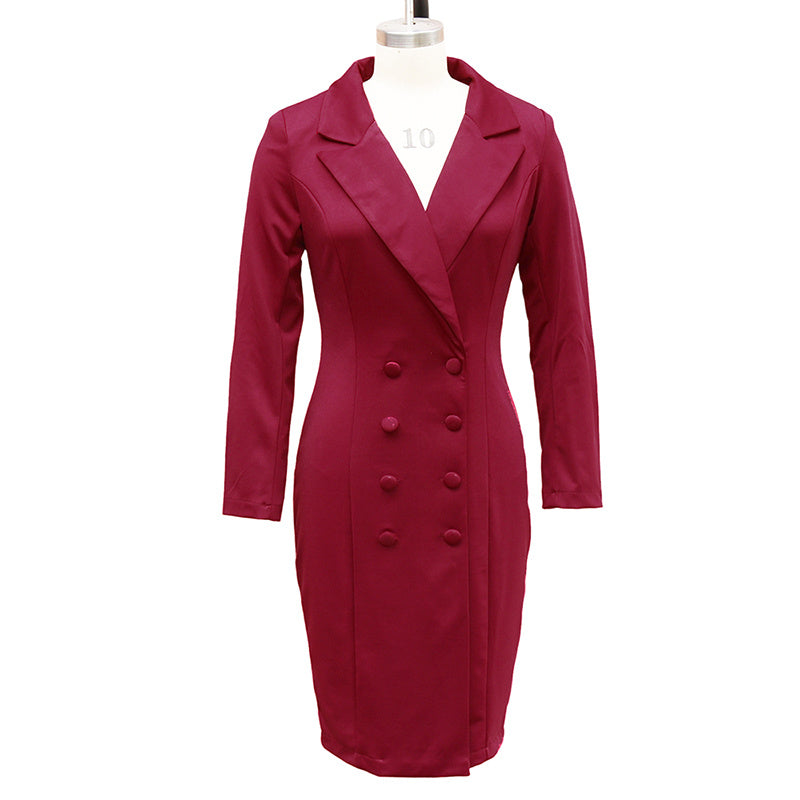 Women's Solid Color Notch Lapel Dress Long Sleeve Button Front Midi Dress For Office & Formal Wear