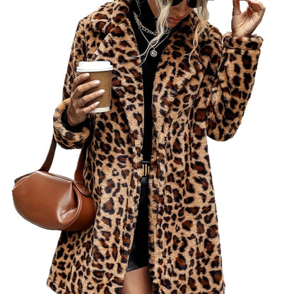 Coat Leopard Print Long Sleeve Furry Coat Top