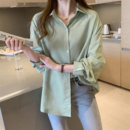 Sungtin  Female Green Blouse Shirts Social Oversized Office Lady Chiffon