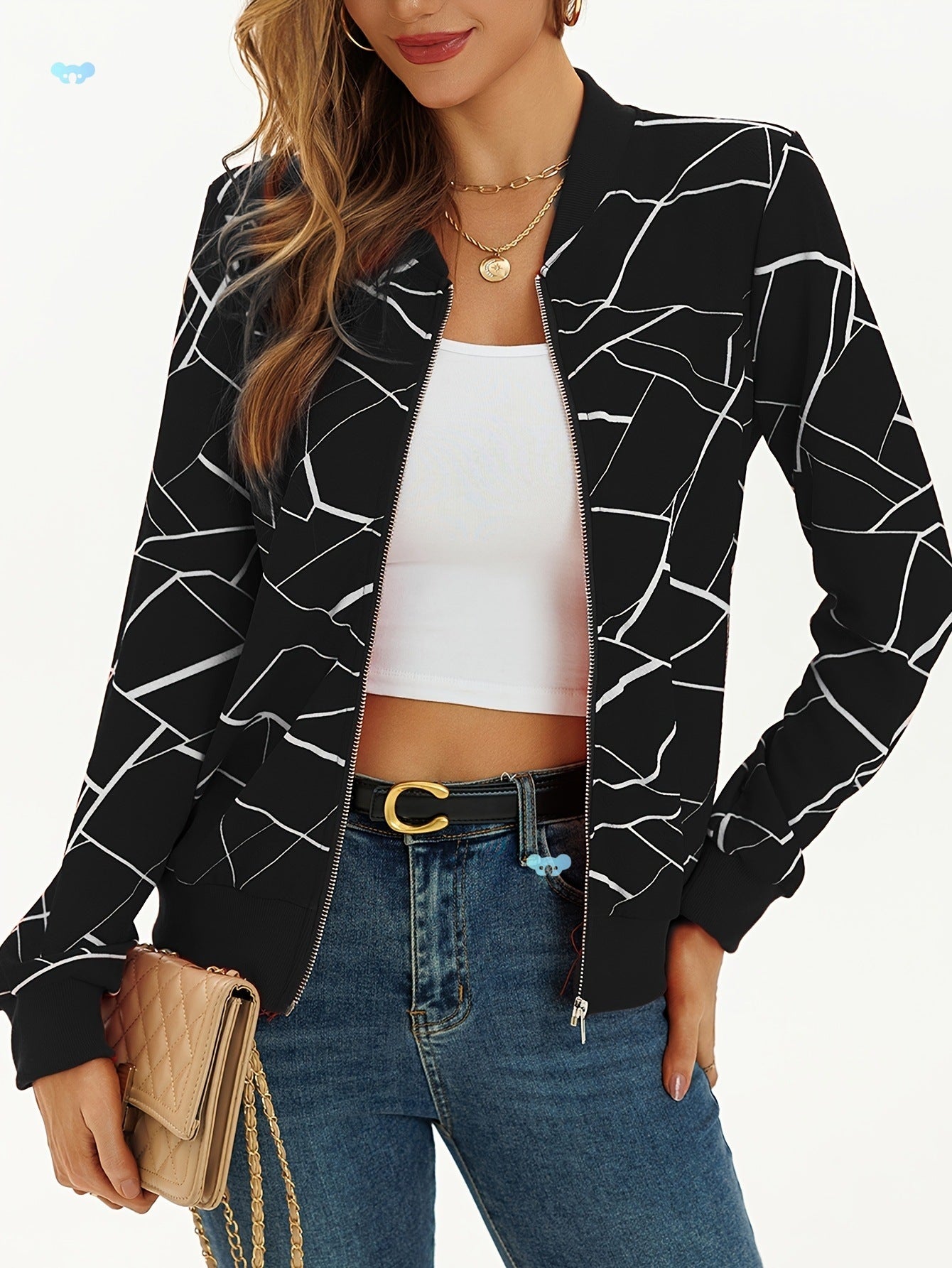 Stylish Long Sleeve Allover Print Zip Up Jacket Elegant