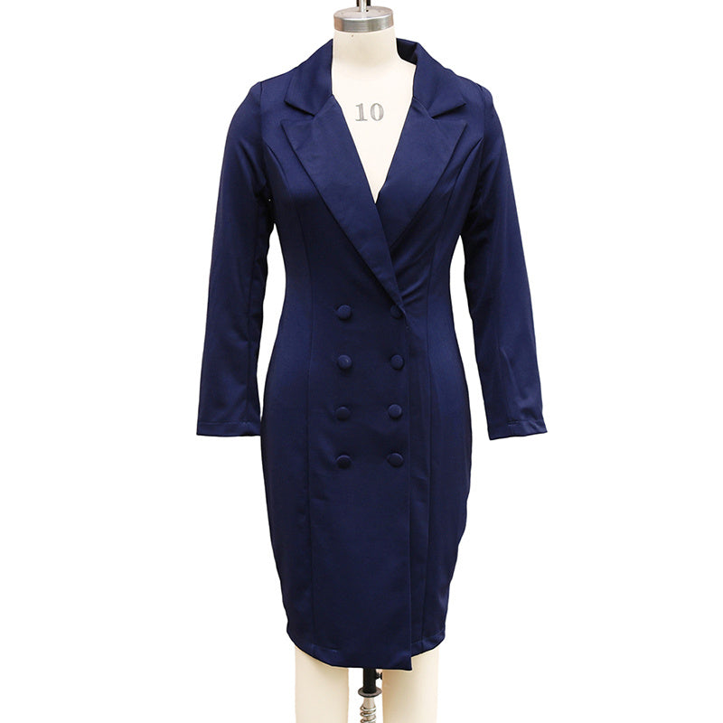 Women's Solid Color Notch Lapel Dress Long Sleeve Button Front Midi Dress For Office & Formal Wear