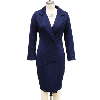 Women's Solid Color Notch Lapel Dress Long Sleeve Button Front Midi Dress For Office & Formal Wear
