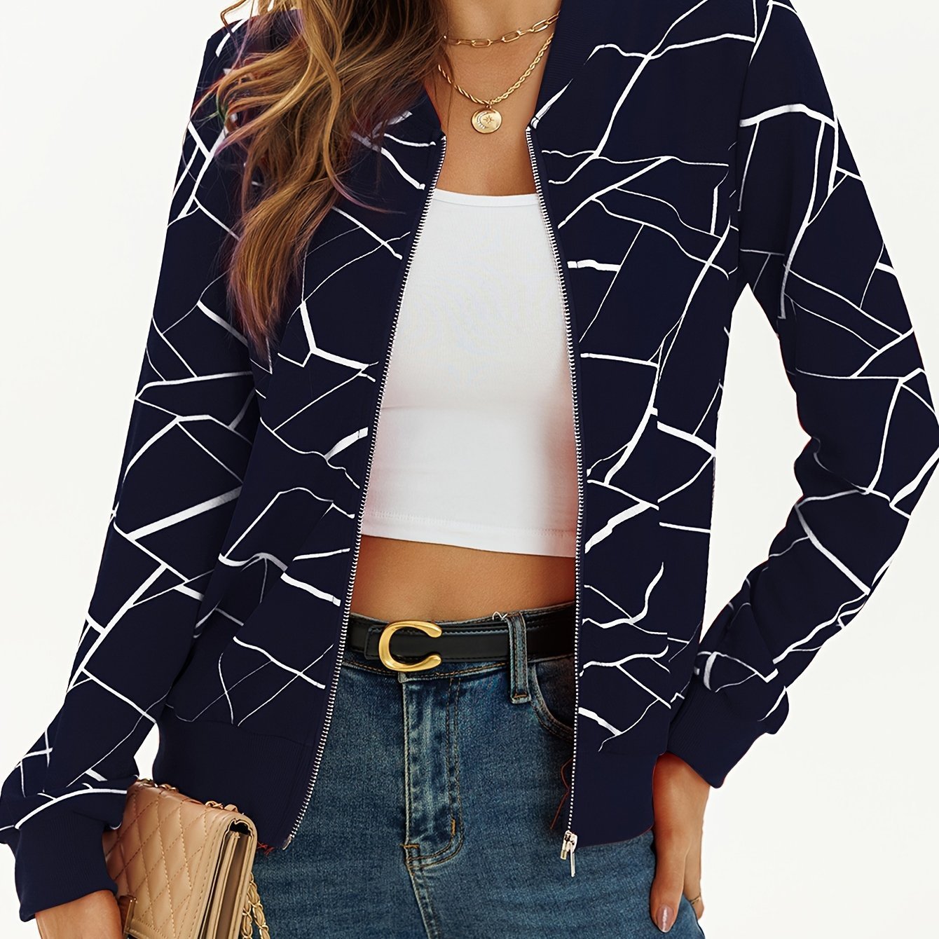 Stylish Long Sleeve Allover Print Zip Up Jacket Elegant