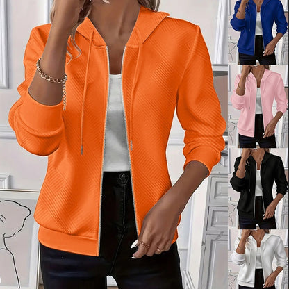 Solid Color Long Sleeve Knitted Zipper Hoodie Coat Women