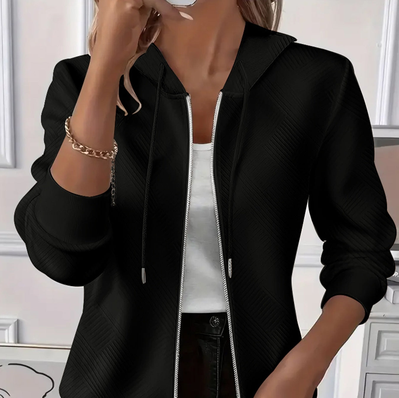 Solid Color Long Sleeve Knitted Zipper Hoodie Coat Women