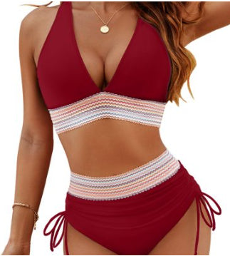 High Waisted Bikini Set With Color Blocking Drawstring Swimsuit