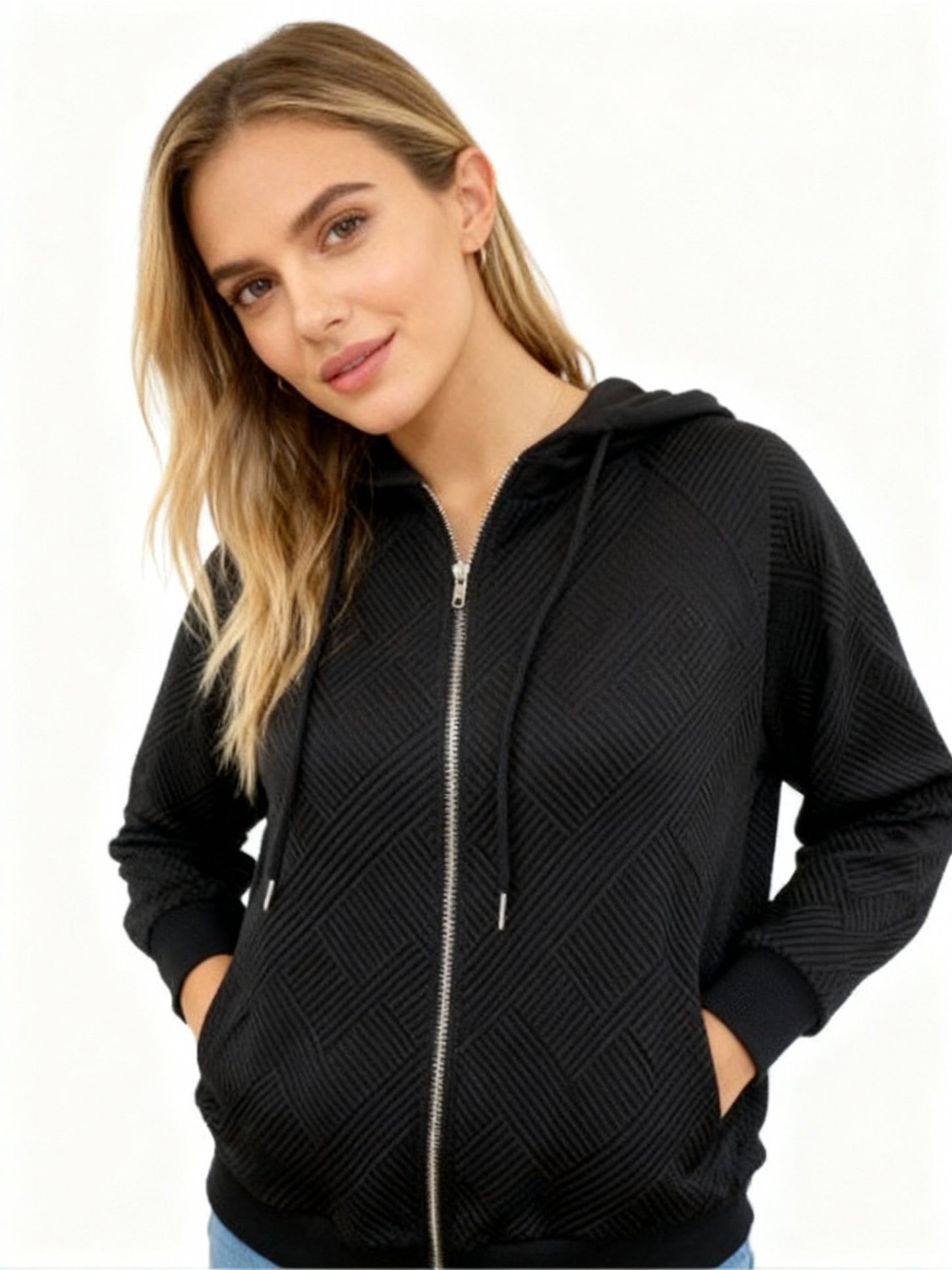 Solid Color Long Sleeve Knitted Zipper Hoodie Coat Women